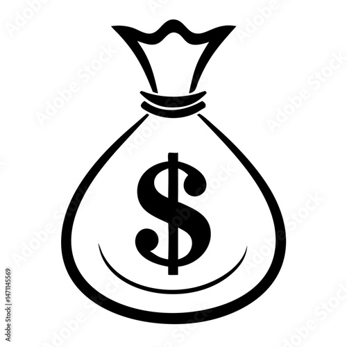 Black vector silhouette design of a money bag featuring a dollar sign symbol for financial concepts