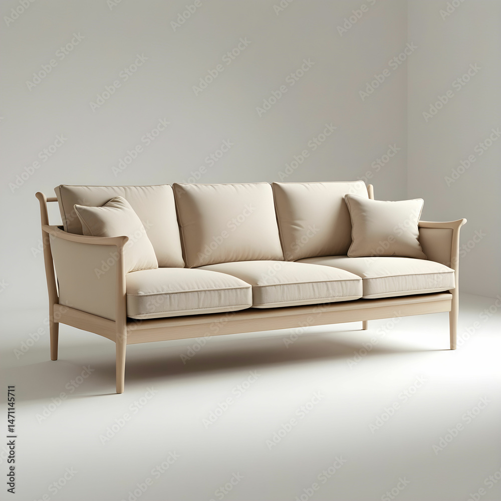 Fototapeta premium A Scandinavian-style 3-seater sofa with a light wood frame.