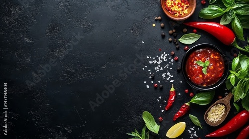 Wallpaper Mural Spiced tomato sauce ingredients arranged on a dark surface. Torontodigital.ca