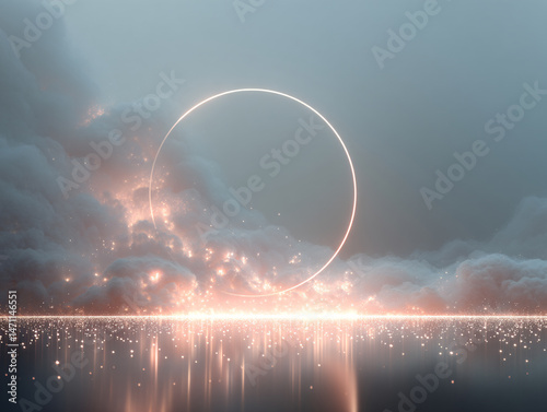 a surreal, ethereal scene with a glowing, luminous circle in the center, surrounded by dense clouds and a shimmering ground of particles, giving it a fantastical and otherworldly appearance.