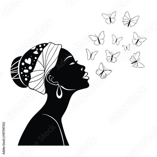 Black Woman Silhouette with Butterflies. woman, silhouette, illustration, vector, fashion, 