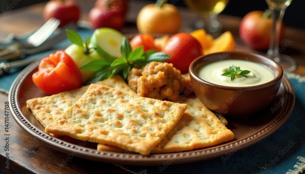 A Seder plate with matzah, charoset, and other symbolic foods, signifying Passover , judaism, ritual, delicious A Seder plate with matzah, charoset, and other symbolic foods, signifying Passover , judaism, ritual, delicious