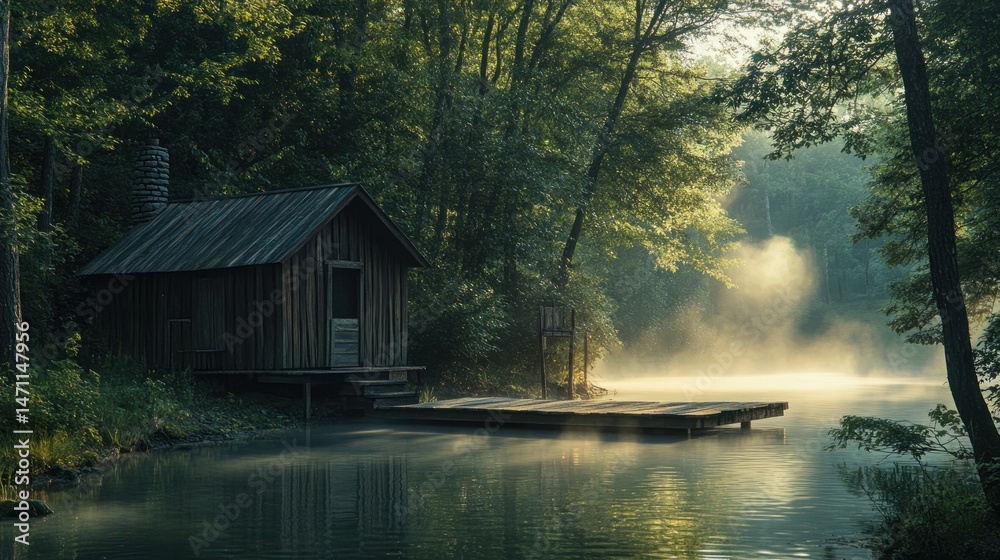 Fototapeta premium Rustic wooden cabin on a misty lake shore at dawn. Tranquil forest scene.