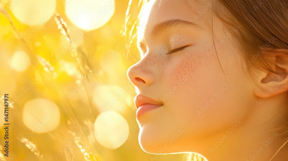 Fototapeta premium Freckled Girl in Golden Hour Sunlight