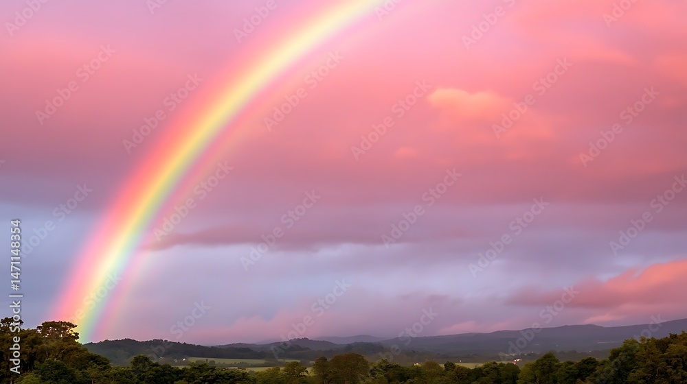 Naklejka premium Majestic Rainbow Arcing Over Rolling Hills at Sunset Vibrant Pink Sky Landscape