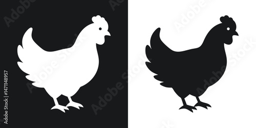 Silhouetted chicken illustration in black and white showing a domesticated farm bird on two contrasting backgrounds