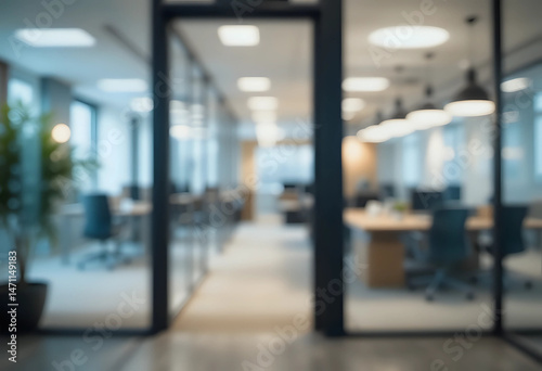 A blurry view of a modern office space through glass doors. Soft background