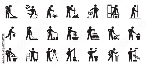 construction worker icons performing various tasks, ideal for construction, labor, and industry-related content.