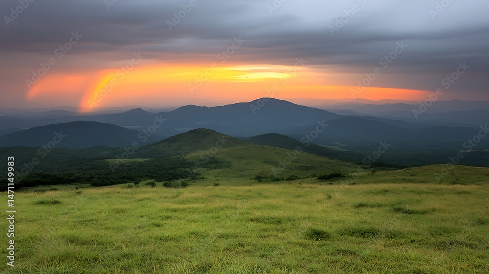Obraz premium Majestic Mountain Range Sunset Landscape with Double Rainbow Over Grassy Field
