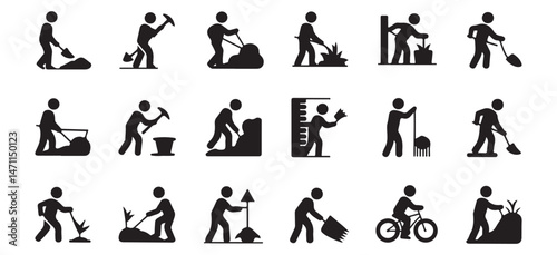 construction worker icons performing various tasks, ideal for construction, labor, and industry-related content.