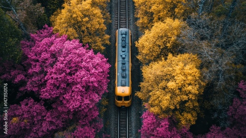 Train journey through vibrant autumnal foliage and colorful forest canopy photo
