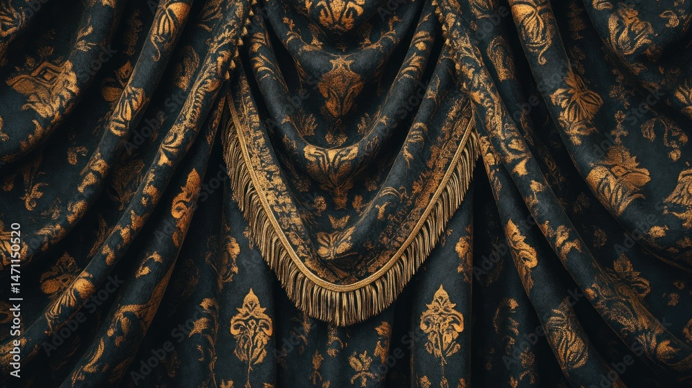 Naklejka premium Elegant Black Velvet Curtain with Ornate Golden Damask Pattern Backdrop