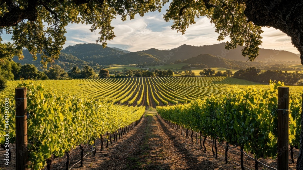 Naklejka premium Picturesque vineyard landscape with rolling hills and golden sunlight