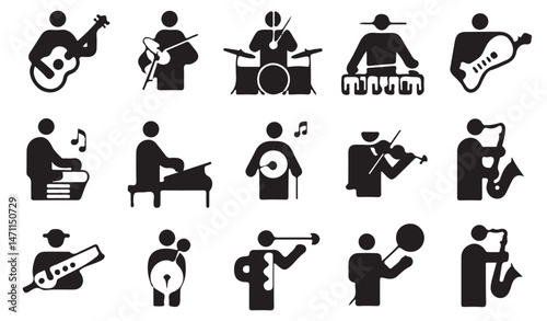A collection of black silhouette music icons depicting various musicians playing different instruments such as guitar, drums, keyboard, trumpet, and saxophone.	