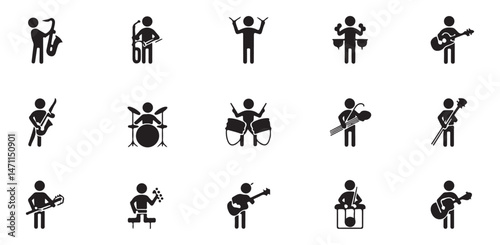 A collection of black silhouette music icons depicting various musicians playing different instruments such as guitar, drums, keyboard, trumpet, and saxophone.	