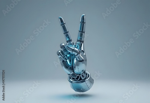 Futuristic Robotic Hand Gesture Peace Sign: Chrome Metallic Artificial Intelligence Design 3D Render
