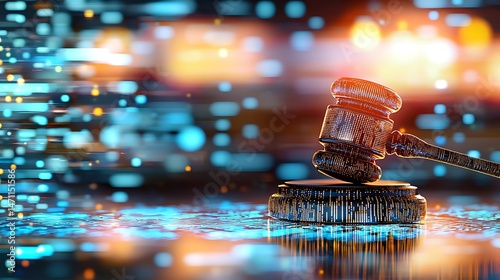 Legal action gavel symbolizing justice in a digital world abstract environment close-up view