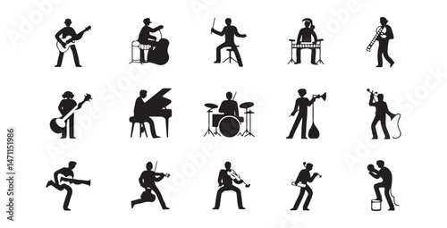 A collection of black silhouette music icons depicting various musicians playing different instruments such as guitar, drums, keyboard, trumpet, and saxophone.	