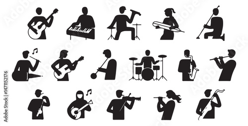 A collection of black silhouette music icons depicting various musicians playing different instruments such as guitar, drums, keyboard, trumpet, and saxophone.	