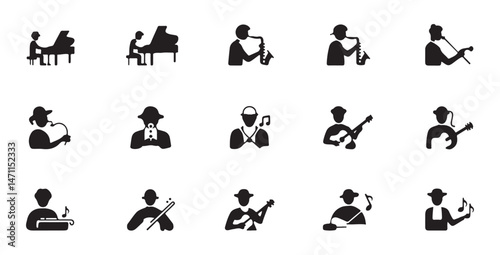 A collection of black silhouette music icons depicting various musicians playing different instruments such as guitar, drums, keyboard, trumpet, and saxophone.	