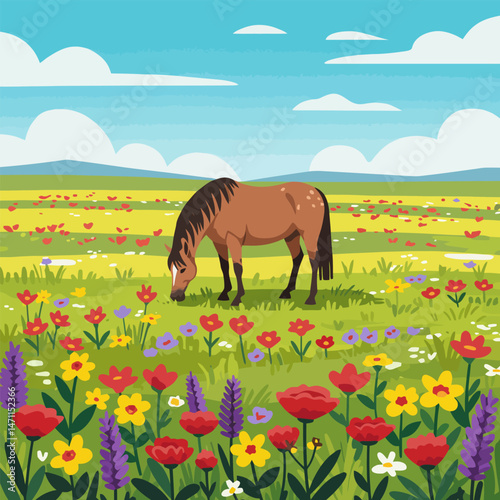 Horse Grazing in Vibrant Meadow with Wildflowers and Cloudy Sky