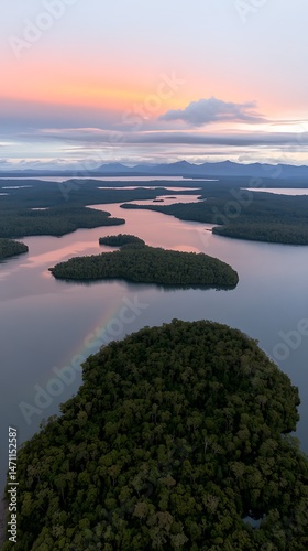 Serene Sunset over Lush Islands and Calm Waters Aerial View Rainbow