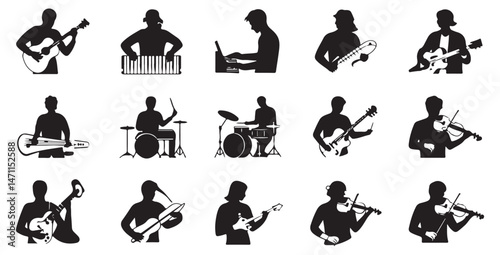 A collection of black silhouette music icons depicting various musicians playing different instruments such as guitar, drums, keyboard, trumpet, and saxophone.	