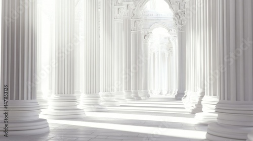 Grand, colonnaded hall of white pillars and arches.