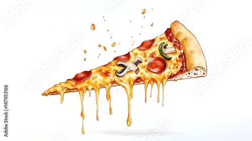 Delicious melting pepperoni pizza slice creative illustration whimsical environment artistic viewpoint