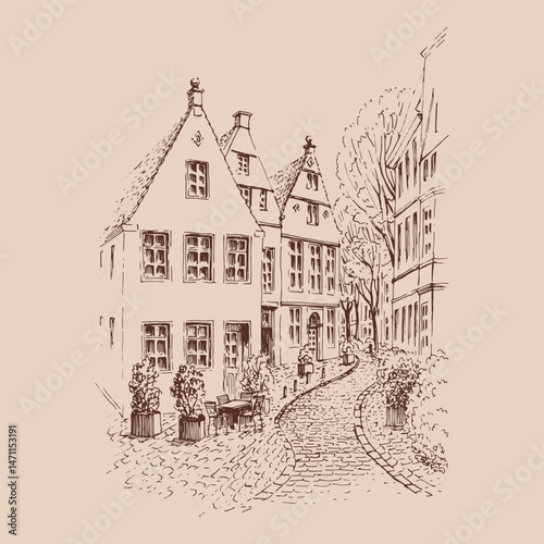 Charming european street. Hand drawn vector illustration.