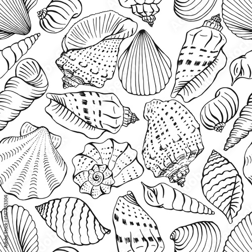Seamless pattern with shells of different shapes. Hand drawn vector illustration.
