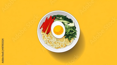 Delicious ramen bowl with egg bright yellow background food photography minimalist style