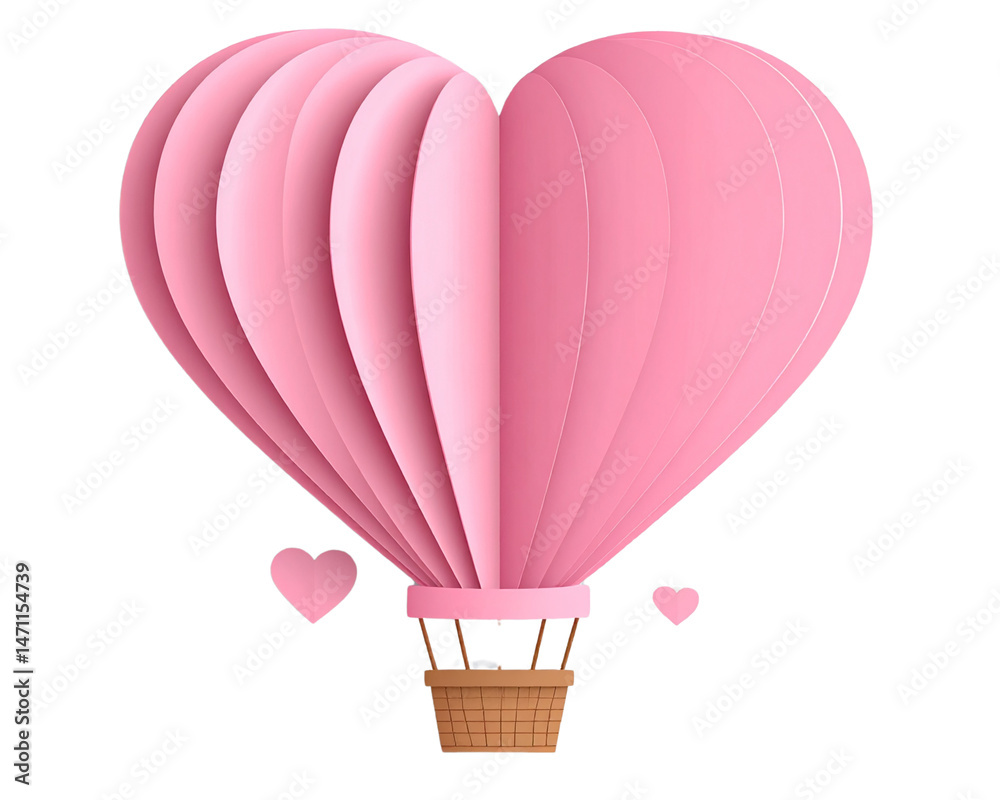 Fototapeta premium Valentine's Day hot air balloon heart, pink in color, paper cut style isolated on a transparent background