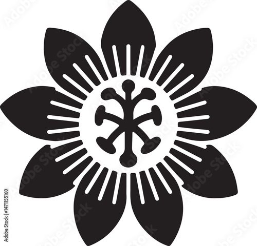 A passion flower icon with intricate, layered filaments and petals_traced