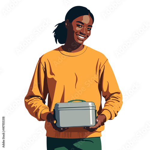 Smiling woman holding metal lunchbox in pop art style, eco-awareness