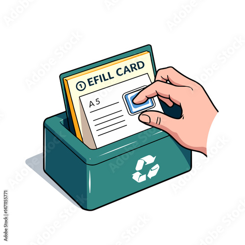 Hand scanning refill card in recycling bin, promoting sustainability