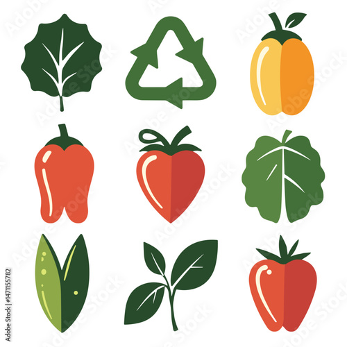 Colorful eco-friendly illustrations of fruits and leaves, sustainability concept