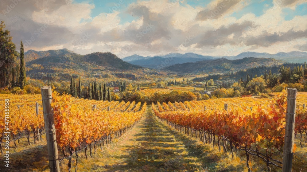 Naklejka premium Golden vineyard landscape stretching to a distant mountain range.