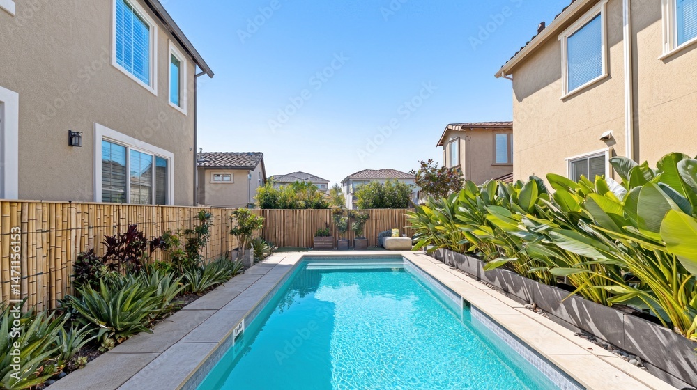 Fototapeta premium Modern residential backyard pool area with landscaping.