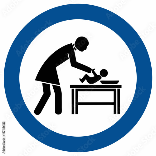 Caregiver assisting baby on changing table, sign indicating baby changing station availability