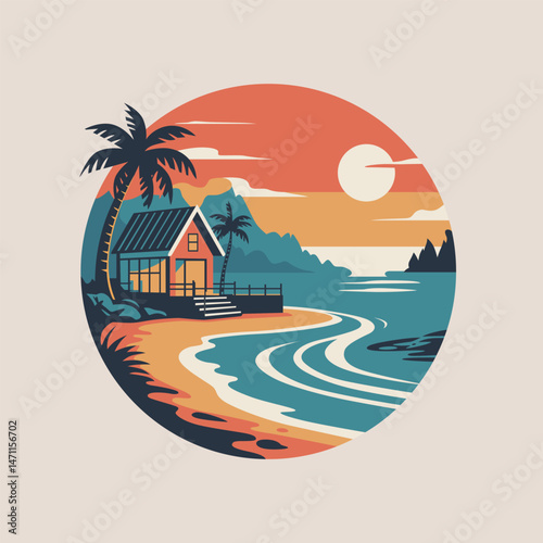 Tropical beach house at sunset with palm trees and ocean waves