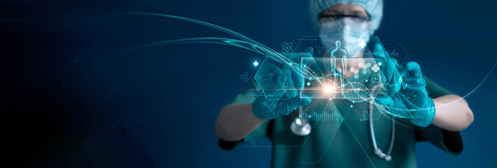 Digital healthcare, Medicine doctor work of electronic medical record on virtual network. DNA. and connected with hologram modern in a biotech lab, medical technology and futuristic concept.