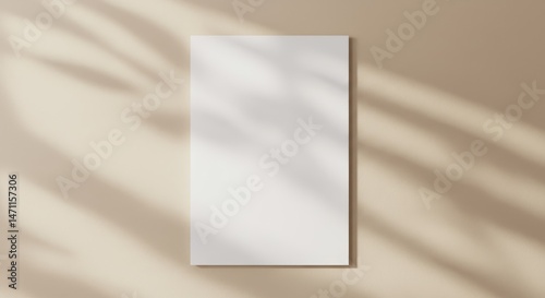 Isolated white rectangle frame on a warm-toned wall with dappled sunlight