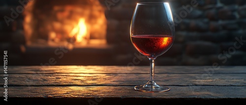 Cozy winter scene with a glass of red wine.