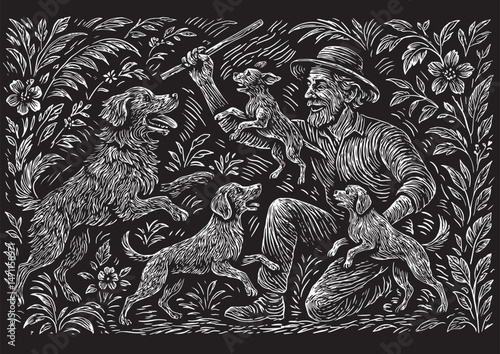 Photography Vintage woodcut-style illustration of an old man playing with dogs in a garden,