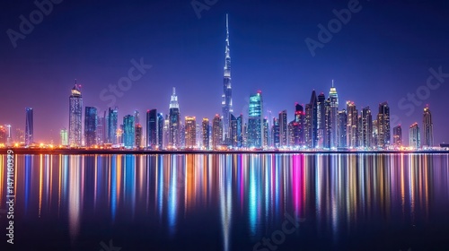 Night view of downtown Los Angeles skyline illuminated by city lights and starry sky
