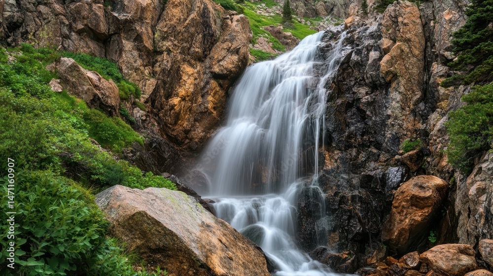 Majestic waterfall cascading into lush valley during golden hour in a serene natural landscape Majestic waterfall cascading into lush valley during golden hour in a serene natural landscape