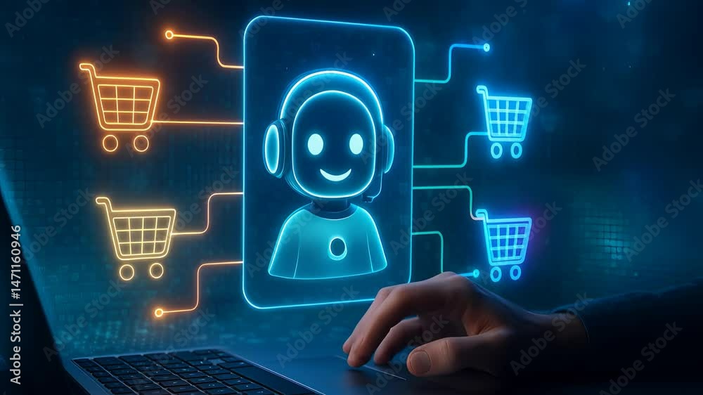 AI Virtual Shopping Assistant on Laptop Screen with Glowing Carts Representing E-commerce Automation and Retail Technology

