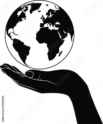 Hand cradling the earth a black and white illustration representing environmental protection and care