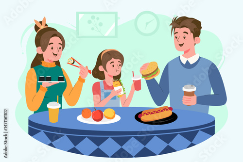 Colorful flat vector of a happy family eating various foods like sushi, burger, taco, and fruit. Ideal for food diversity, family time, fast food, healthy eating, and modern lifestyle concepts.